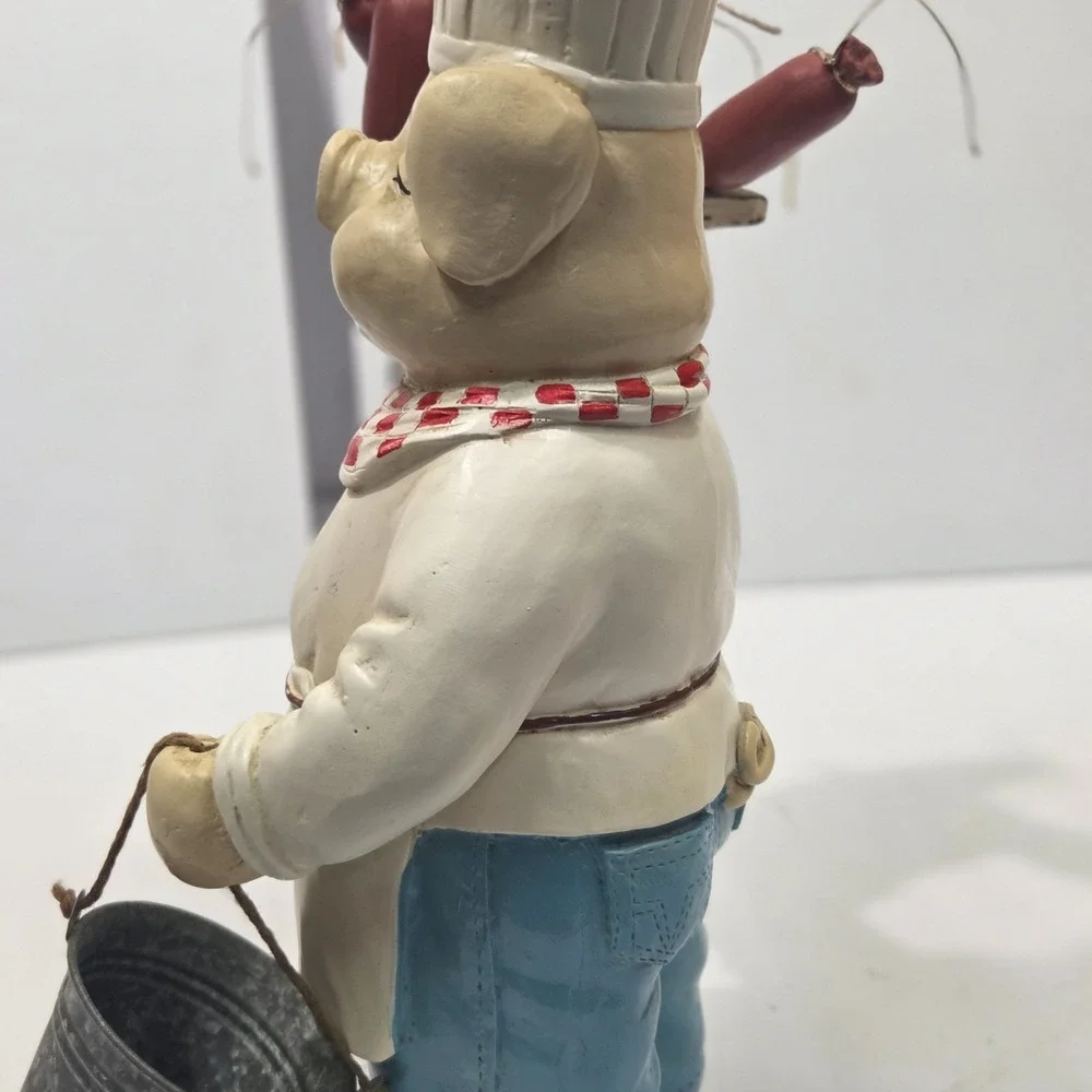 Pig Chef Statue Resin Butcher Sausage Appetizer Fork Knife Set Bucket 14 Inch